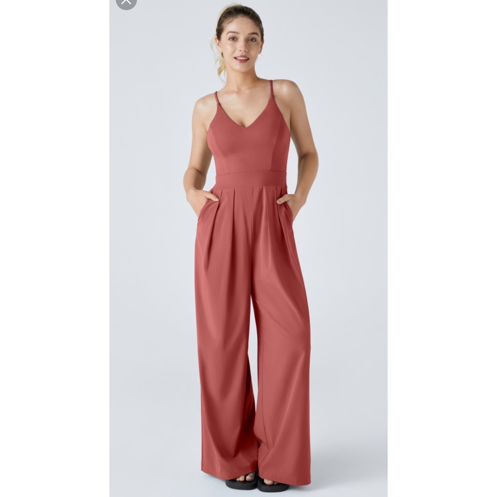 Halara Breezeful Wide Leg Jumpsuit Womens Small Terracotta Red V-Neck Pockets